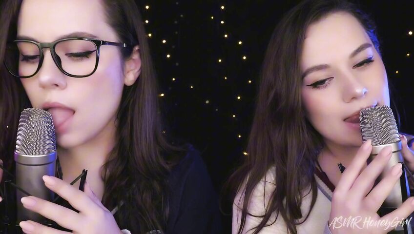 ASMR Honeygirl - Two girlfriends lick ears! One is shy, the other likes it